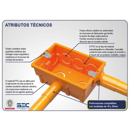 Caja embutida eléctrica tabique con oreja metálica naranja