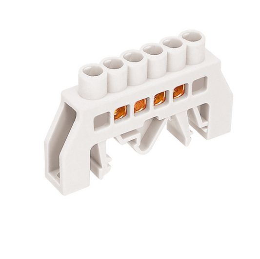 Barra de bronce aislada blanca 6 polos para riel din