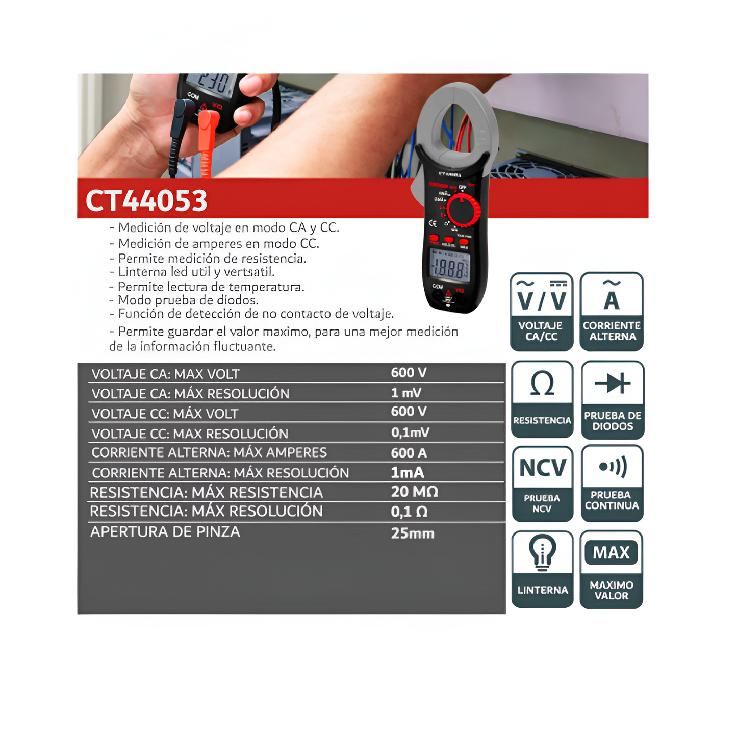 Pinza amperimétrica digital 600v