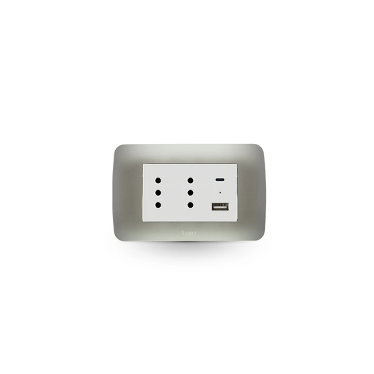 Enchufe duplex 10A + toma usb A y C color plata certificado